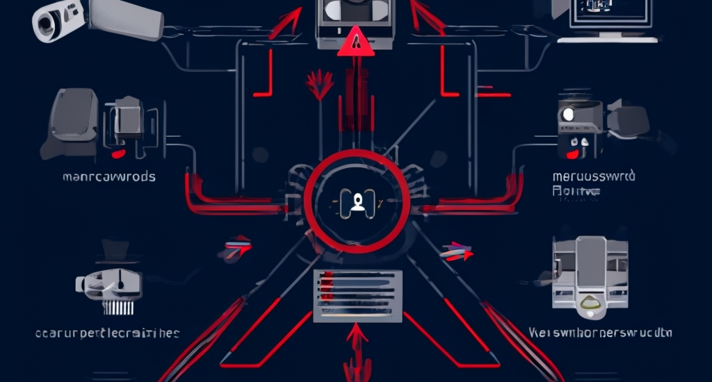 A visual representation of IoT devices connected in a network with potential vulnerabilities highlighted