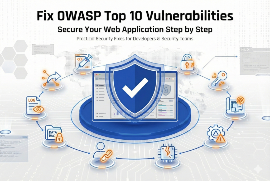 Illustration showing how to fix OWASP Top 10 vulnerabilities in a web application with a digital security shield and cybersecurity icons representing injection, authentication, access control, and data protection.