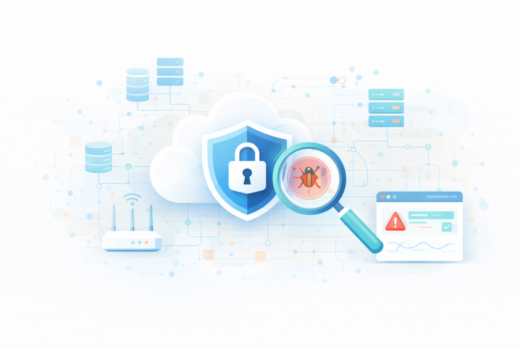 Illustration of cloud security with shield protection, magnified malware detection, server infrastructure, and network monitoring elements.