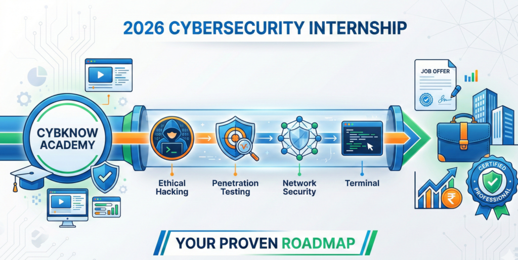 Cybersecurity Internship 2026 roadmap showing academy training to career pipeline infographic
