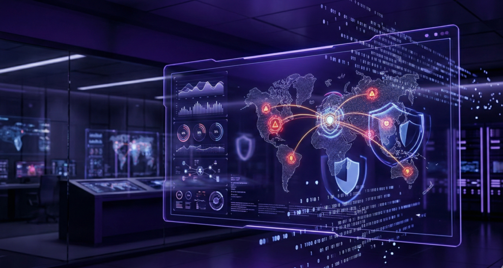 AI-powered enterprise threat detection dashboard with global cyber attack monitoring and security analytics interface