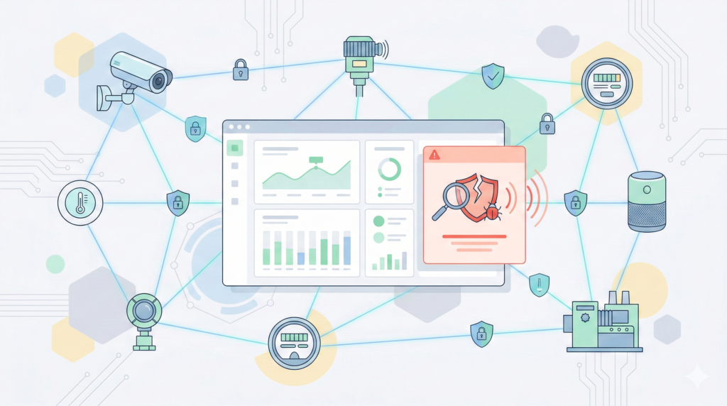 Illustration of IoT penetration testing showing connected smart devices, security shields, vulnerability detection, and centralized monitoring dashboard.