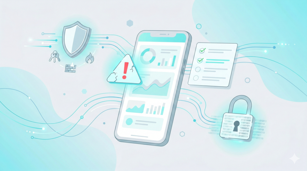 Illustration of mobile application security testing showing vulnerability alert, shield protection, firewall, and data encryption elements.