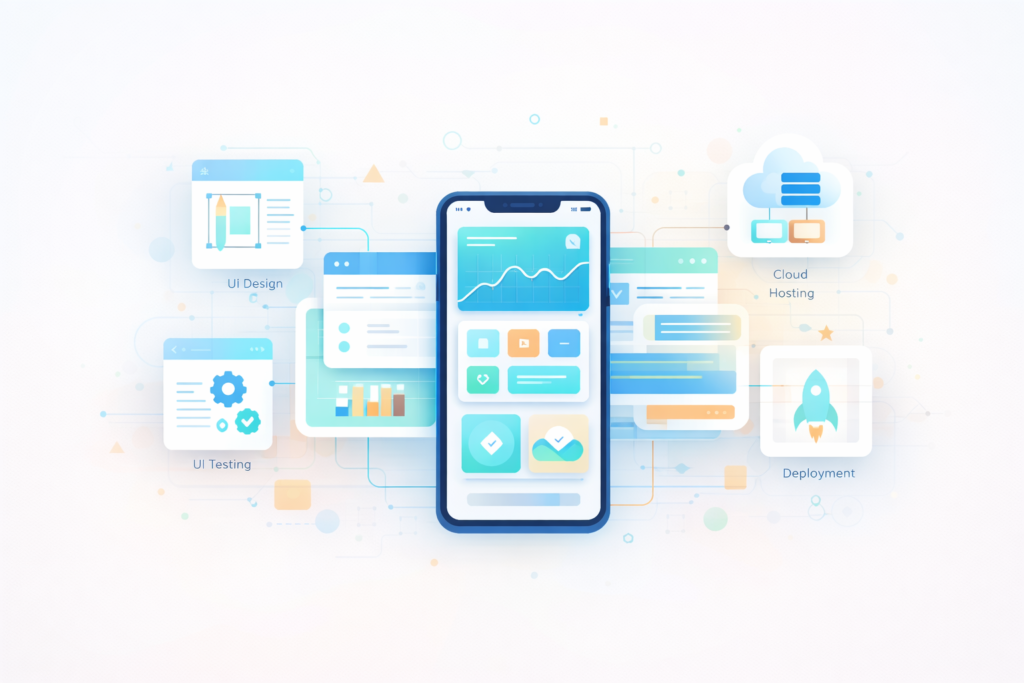 Illustration of a mobile application dashboard with UI design, testing, cloud hosting, and deployment elements representing mobile app development and security architecture.