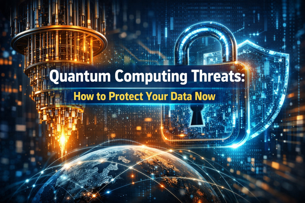 Digital shield protecting encrypted data from quantum computing threats in a modern cybersecurity environment.