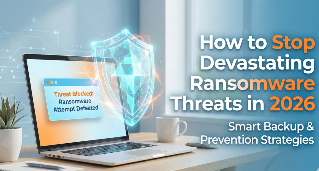 Digital shield protecting business laptop from ransomware threats