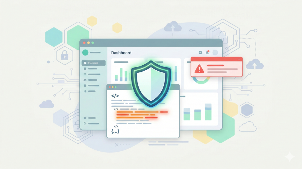 Illustration of web application penetration testing showing security shield, vulnerability alert, source code analysis, and protected dashboard interface.