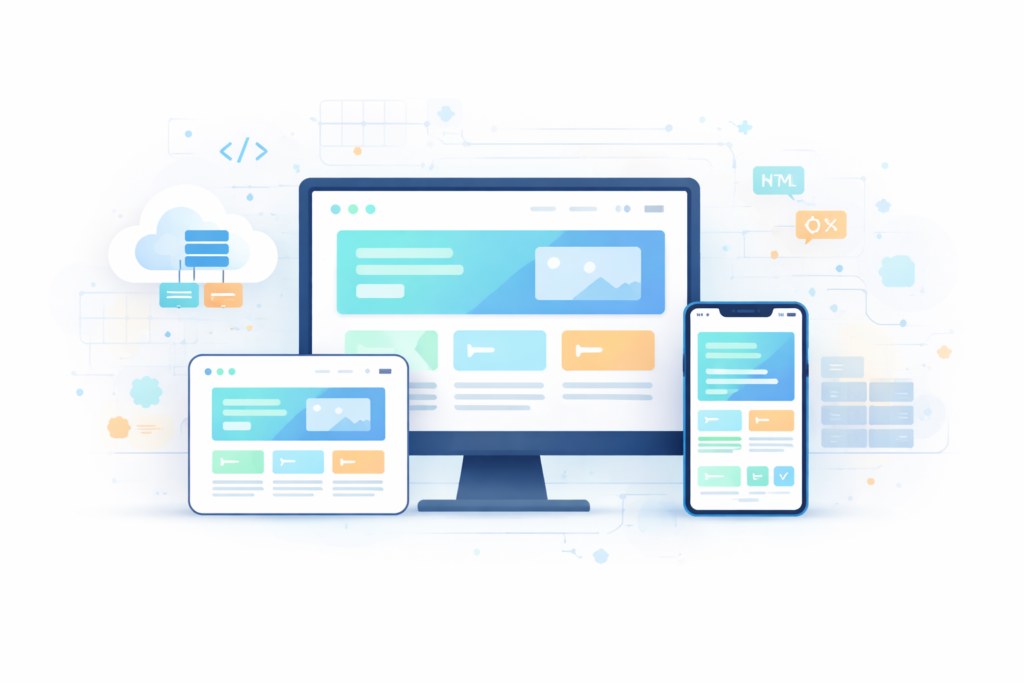Illustration of responsive web development across desktop, tablet, and mobile devices with cloud hosting and coding elements.