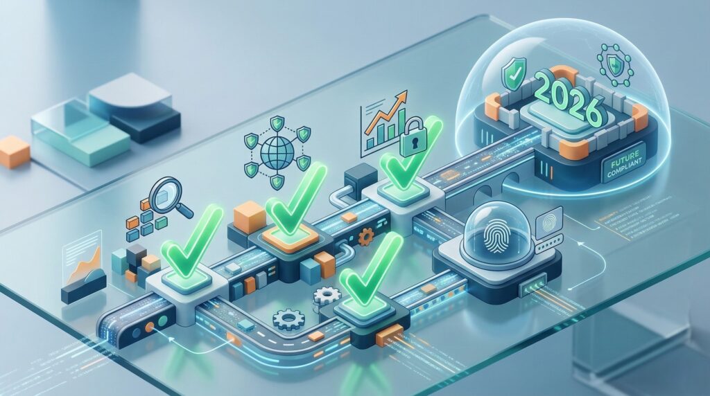 Cybersecurity compliance system with security checks and 2026 regulation concept